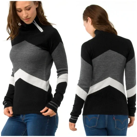 SmartWool Merino Wool Ski Sweater Cabincore Funnel Neck Large Black - Picture 2 of 12